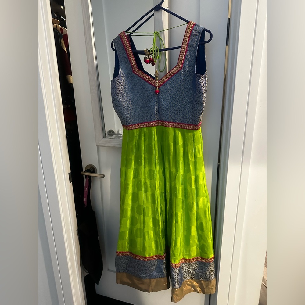 Vibrant Green and Blue Sleeveless Indian suit